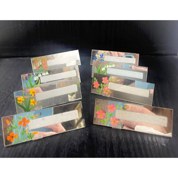 8 Vintage Glass Craft Line Mirrored Placecards With Hand-Painted Flowers Origina - Picture 4 of 4